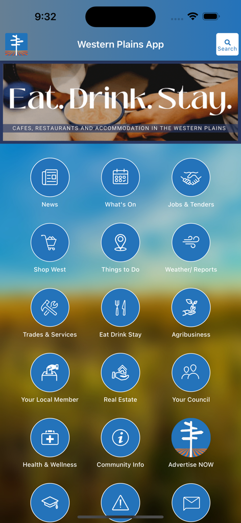 Home screen of the Western Plains App showing icons for local news weather agribusiness and community events