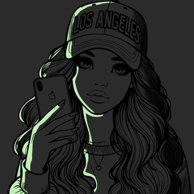 realistic beautiful girl wearing los ángeles cap holding an iphone