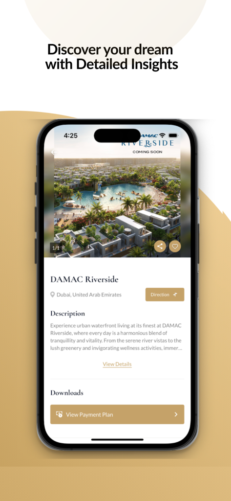 DAMAC 360 - DAMAC 360 app interface displaying a luxury property listing for DAMAC Riverside in Dubai