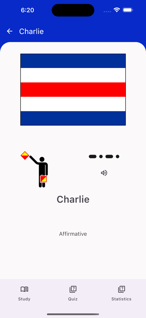 Nautical Flags Helper - Charlie nautical flag semaphore and Morse code study card