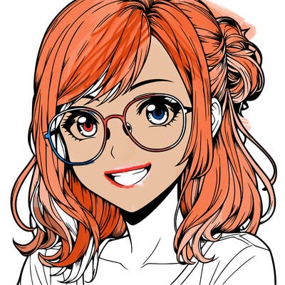 realistic girl with glasses smiling, eyes open