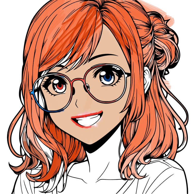 realistic girl with glasses smiling, eyes open