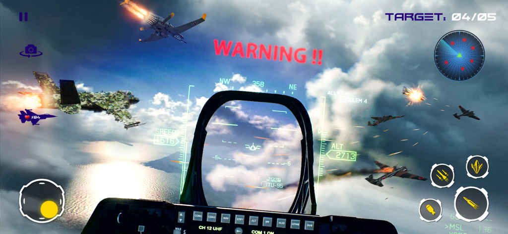 First person cockpit view of a fighter jet dogfight with explosions and HUD display in Ace Combat