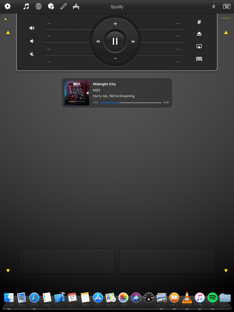 Mobile Mouse iPad interface showing Spotify music controls and a Mac style application dock