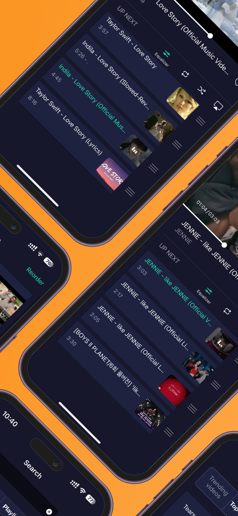 Interfaz del reproductor de música y vídeo de Player GR que muestra listas de reproducción de canciones y funciones de la aplicación