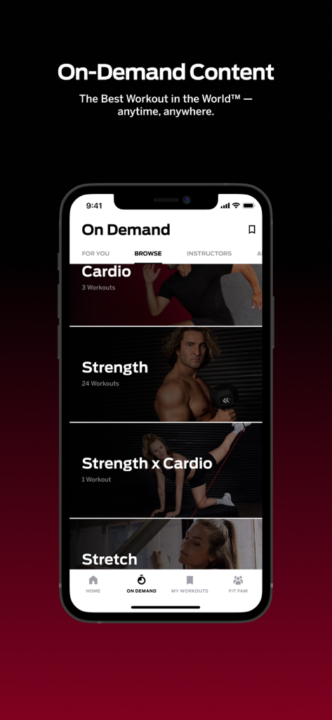 Barrys X mobile app interface showing on-demand workout categories including cardio strength and stretch