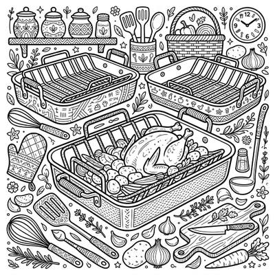 Unleash your inner chef with this engaging roasting pans coloring page, perfect for teens who love kitchen adventures. This intricate design features various roasting pans, delicious food, and detailed utensils, ready for your creative touch.