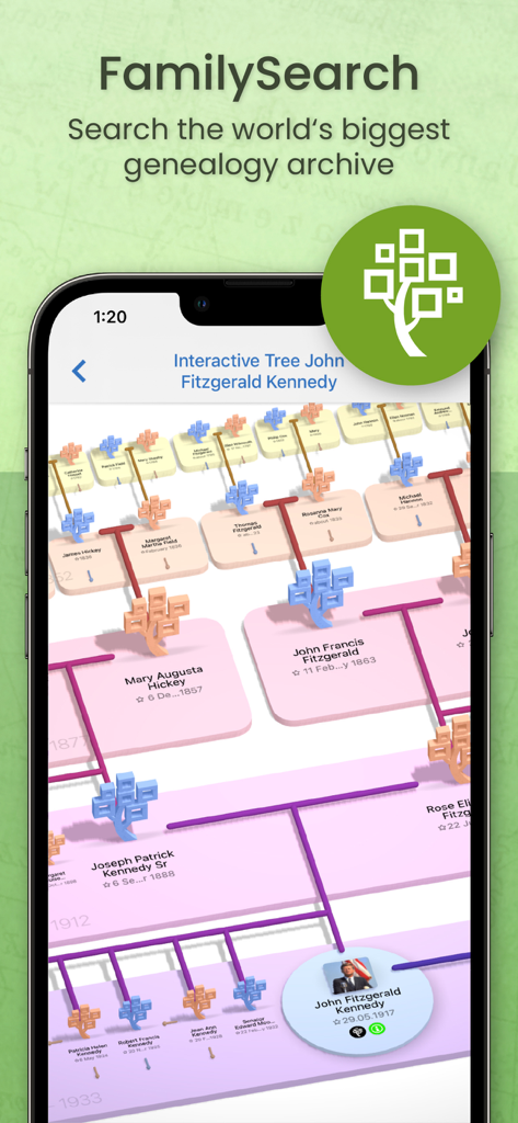Albero genealogico interattivo di John F. Kennedy in MobileFamilyTree 10 che mostra l'integrazione con FamilySearch