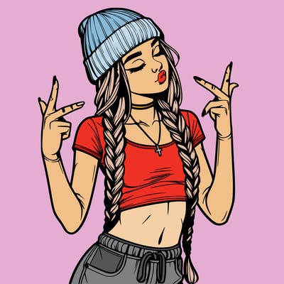 realistic teenage girl with braids and a beanie and crop top doing 🫶🏼