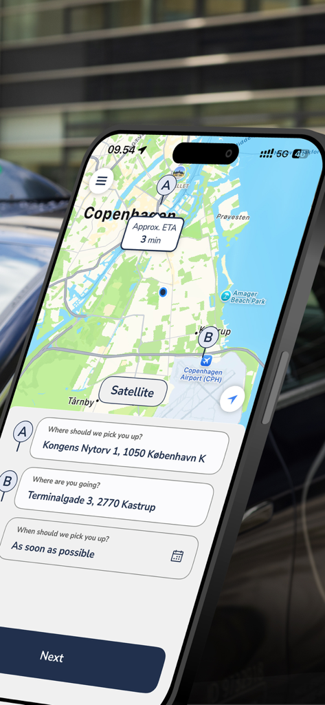 TAXA 4x35 - Easy taxi booking - TAXA 4x35 taxi booking app interface showing a ride request to Copenhagen Airport