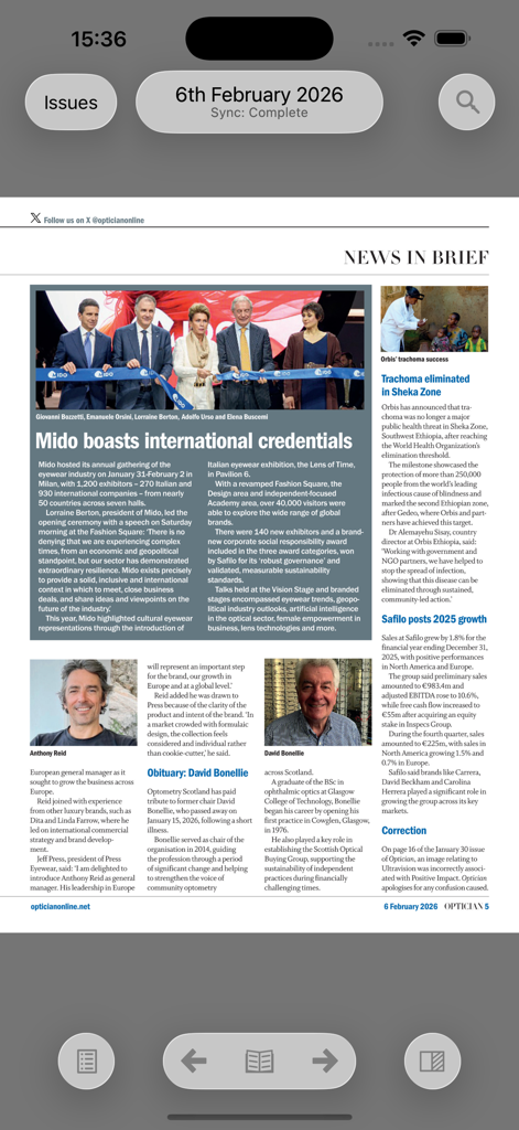 Eine digitale Magazin-Benutzeroberfläche für Optician Magazine, die Nachrichtenartikel aus der Augenoptik-Branche zeigt.