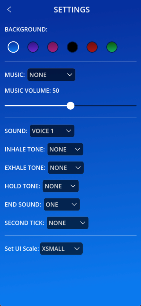 Breath Timer - Settings screen of the Breath Timer app showing customization options for background colors, music volume, and breathing tones.