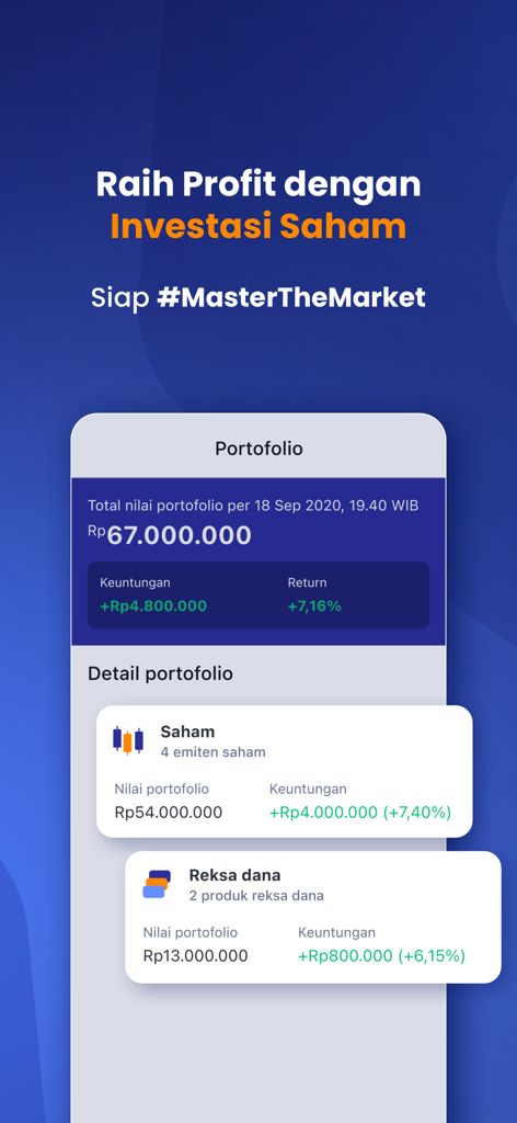 BMoney - Saham & Reksadana - BMoneyアプリのインターフェース。株と投資信託の資産が表示されたユーザー投資ポートフォリオを表示しています