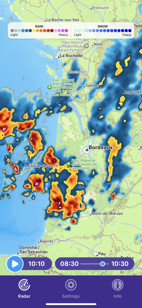 Rain radar app showing a live weather map with precipitation levels over a geographic region