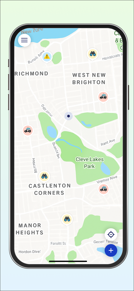 Coqui App - Mapa de la app Coqui que muestra pines del vecindario para alertas de seguridad y avistamientos de la naturaleza