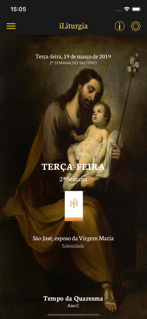 iLiturgia - Tela inicial do aplicativo iLiturgia com uma pintura de São José e o Menino Jesus com texto litúrgico em português.