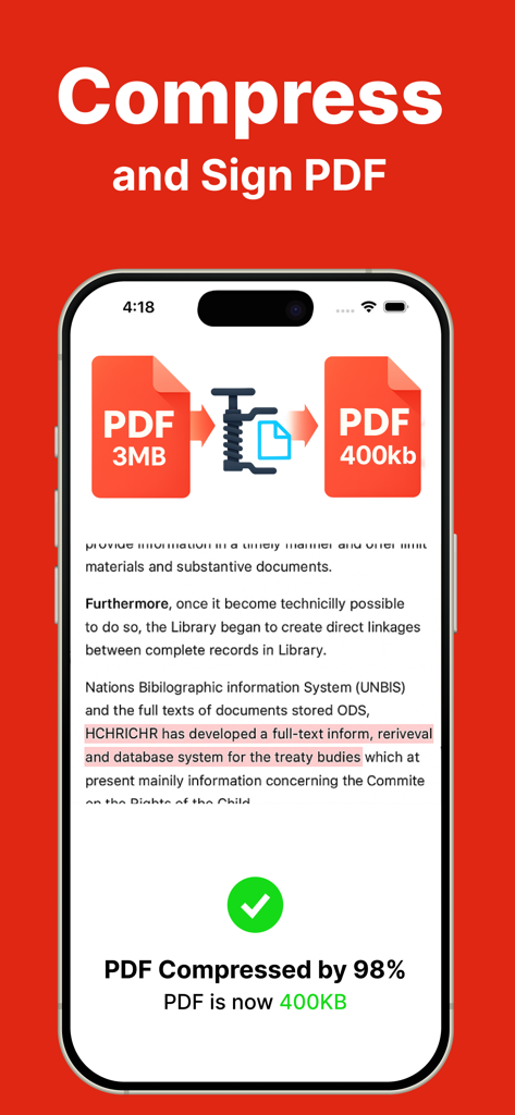 Photo to PDF converter scan. - Interfaz de la aplicación móvil eScanner que demuestra la compresión de un archivo PDF de 3 MB a 400 KB