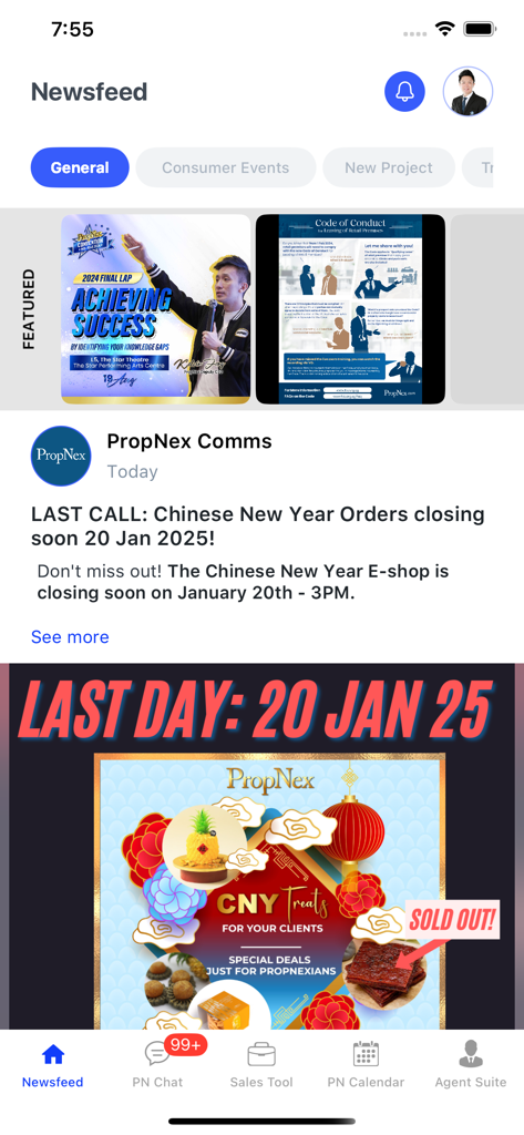 PN Business Suite - Interface of the PN Business Suite app showing the Newsfeed with professional real estate updates and announcements.