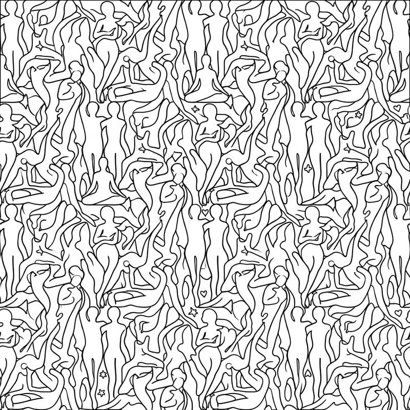Dive into the fascinating world of figurative tessellations with this intricate coloring page. Featuring a seamless pattern of repeating human figures, it offers a captivating challenge for colorists of all levels.