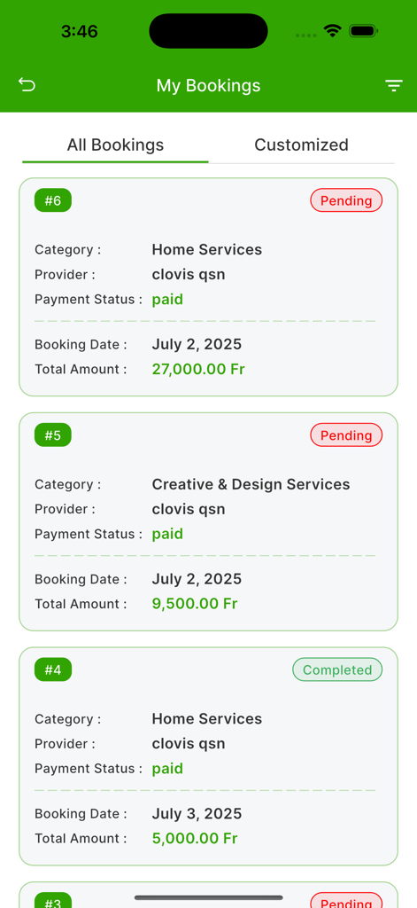 QwickServices - List of home and creative service bookings in the QwickServices app showing status and payment details
