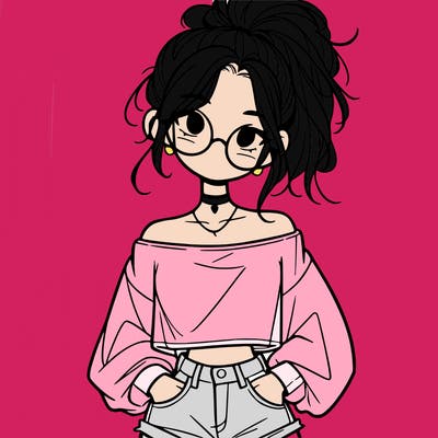 girl with a messy ponytail glasses a baggy crop top and jean shorts