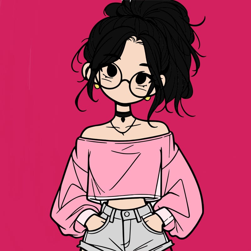 girl with a messy ponytail glasses a baggy crop top and jean shorts