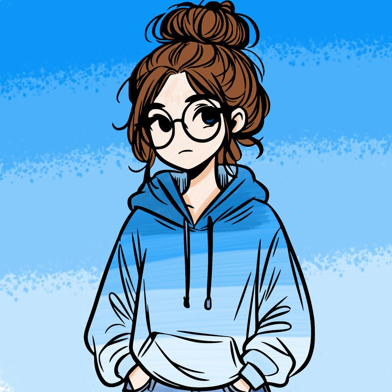 teen girl with a messy bun and glasses wearing a loose hoodie and jeans