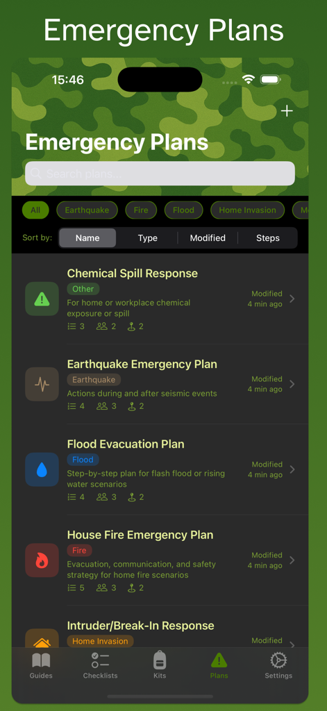 Interface of the Survivalist app displaying a list of emergency plans for various scenarios like earthquakes and floods