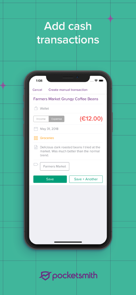 PocketSmith Sidekick - A mobile screen from the PocketSmith Sidekick app showing a form to manually add a cash transaction for groceries