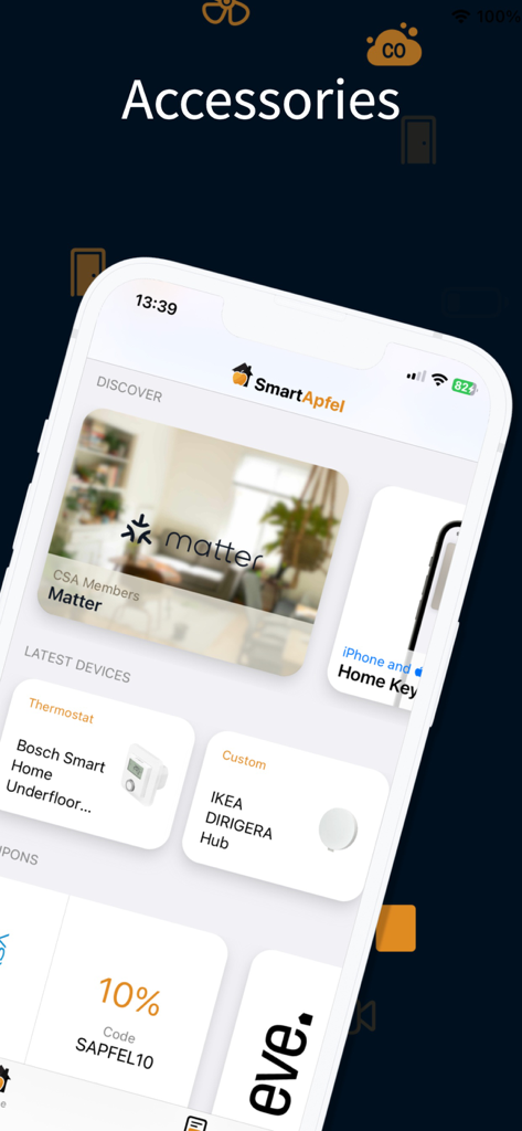 SmartApfel app interface displaying latest Matter and HomeKit compatible smart home devices.
