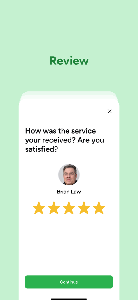HomeRun - Get Things Done - HomeRun app service review screen showing a five-star rating and user feedback prompt.
