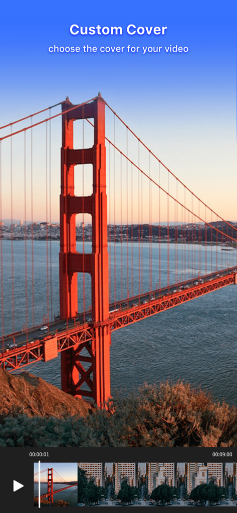 VideoShow Pro interface showing the custom video cover selection feature with a Golden Gate Bridge video frame.