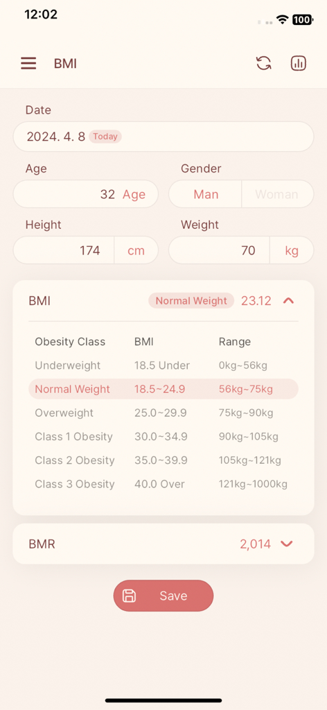 CalcBox -All in One Calculator - Screenshot of the CalcBox BMI calculator interface showing health tracking fields for age height weight and calculation results