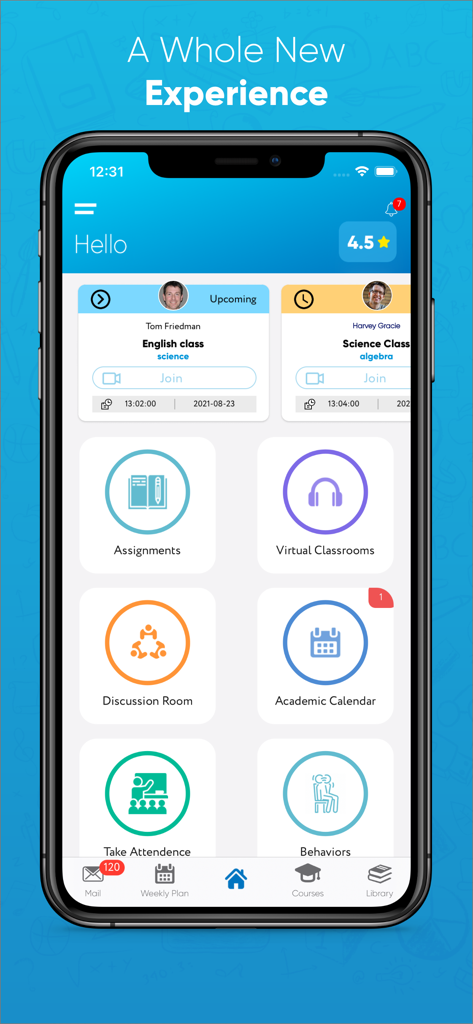 Noor LMS - Noor LMS mobile dashboard showing educational modules like assignments and virtual classrooms