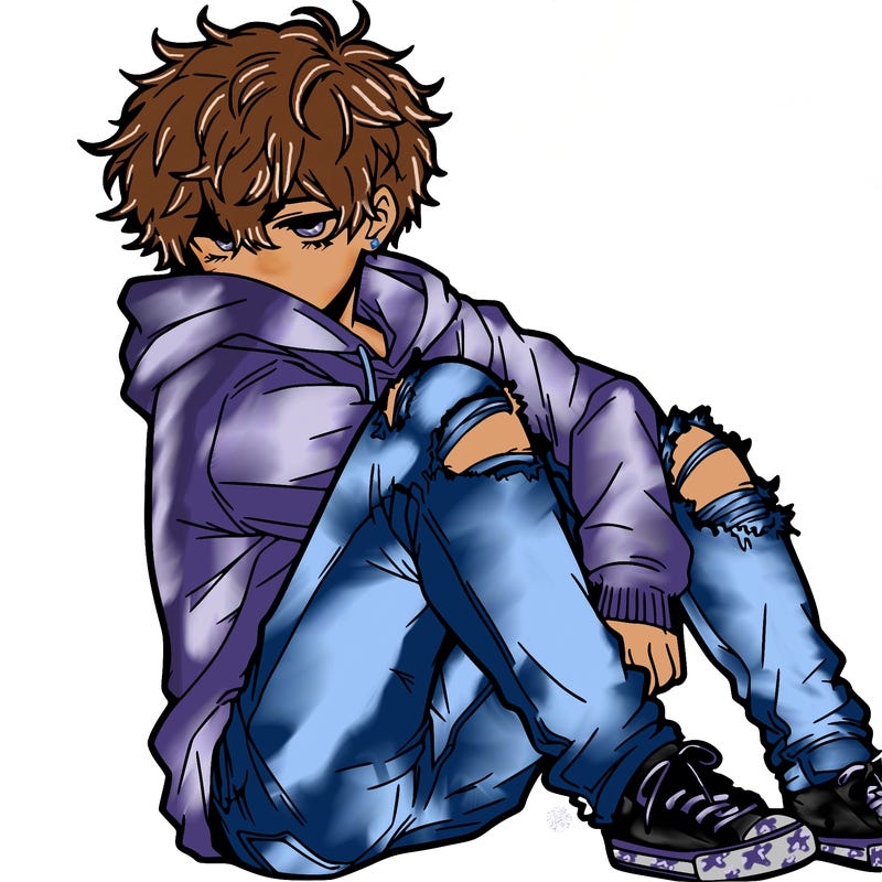 a male hoddie ripped jeans messy hair anime