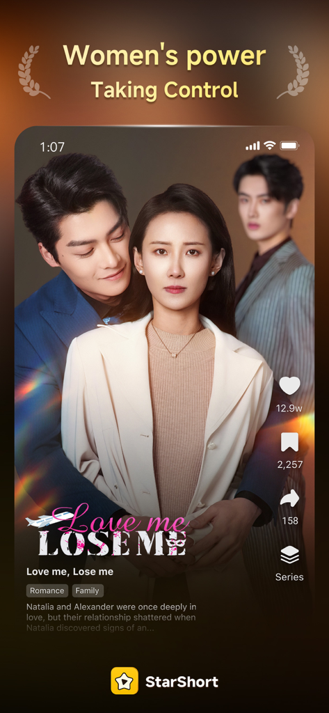 StarShort -  Dramas & Movies - Interfaz de la aplicación StarShort mostrando un drama corto vertical titulado Love me Lose me con etiquetas de romance y familia.