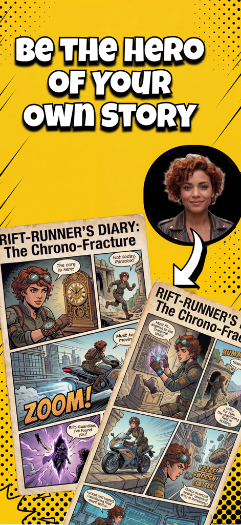 A woman's photo transformed into a consistent lead character in a sci-fi comic book using AI.