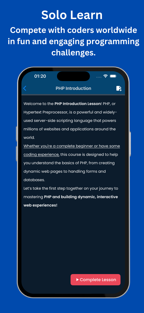 Learn PHP - PHP Editor/IDE - Learn PHP Academyアプリの完了レッスンボタン付きのPHP入門レッスンを表示する携帯電話画面。