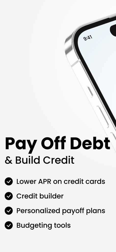 Gauss: Payoff Credit Card Debt - Promotional screen for Gauss app showing features like lower credit card APR, credit builder, personalized payoff plans, and budgeting tools.