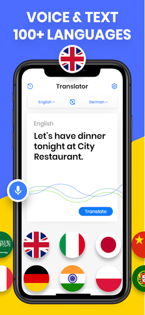 Translate All Language ® - Mobile app interface showing voice and text translation for over 100 languages