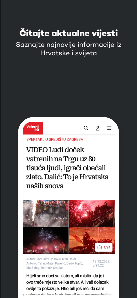 Večernji list - Mobile app interface of Večernji list showing a Croatian news article with photos.