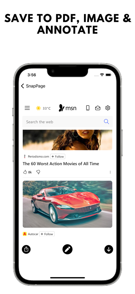 Interface do aplicativo SnapPage para capturar páginas da web e anotar conteúdo