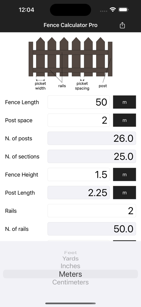 Screenshot of Fence Calculator Pro app showing input fields for fence length, height, and post spacing with calculated results for materials.