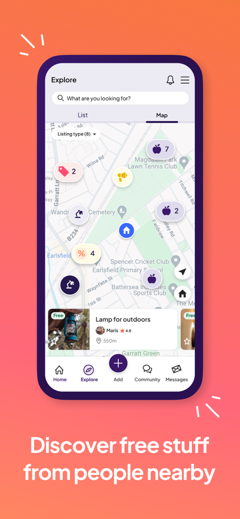 Interface cartographique de l'application OLIO montrant de la nourriture et des articles ménagers gratuits disponibles pour collecte auprès des voisins à proximité