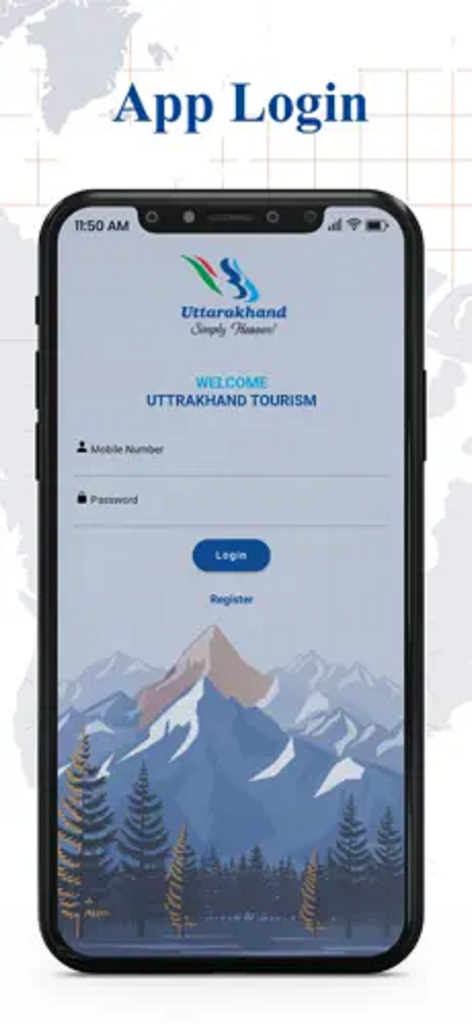 Tourist Care Uttarakhand - Login screen for the Tourist Care Uttarakhand mobile app featuring mountain landscape artwork