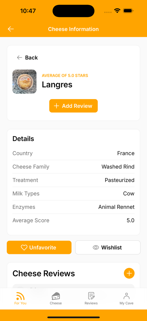 Fromag.io: The Cheese App - Uno screenshot dell'app Fromagio che mostra informazioni dettagliate sul formaggio Langres, inclusi origine, famiglia e valutazione.