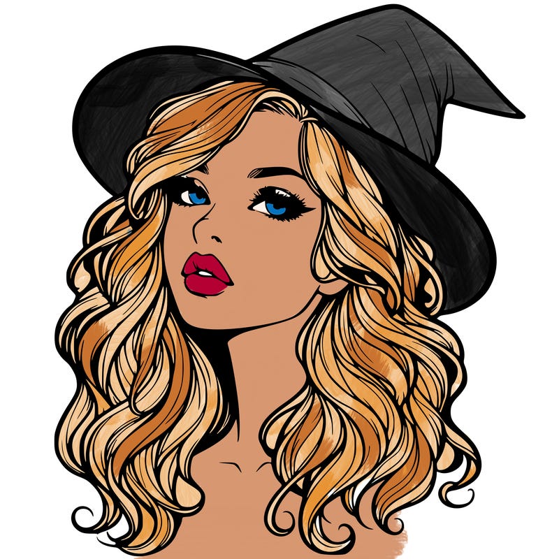 realistic witch girl with wavy hair and lips