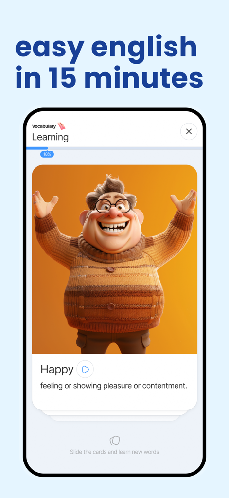 행복이라는 단어에 대한 어휘 플래시카드를 보여주는 Lingo Joy 앱 인터페이스, 설명 캐릭터 포함.