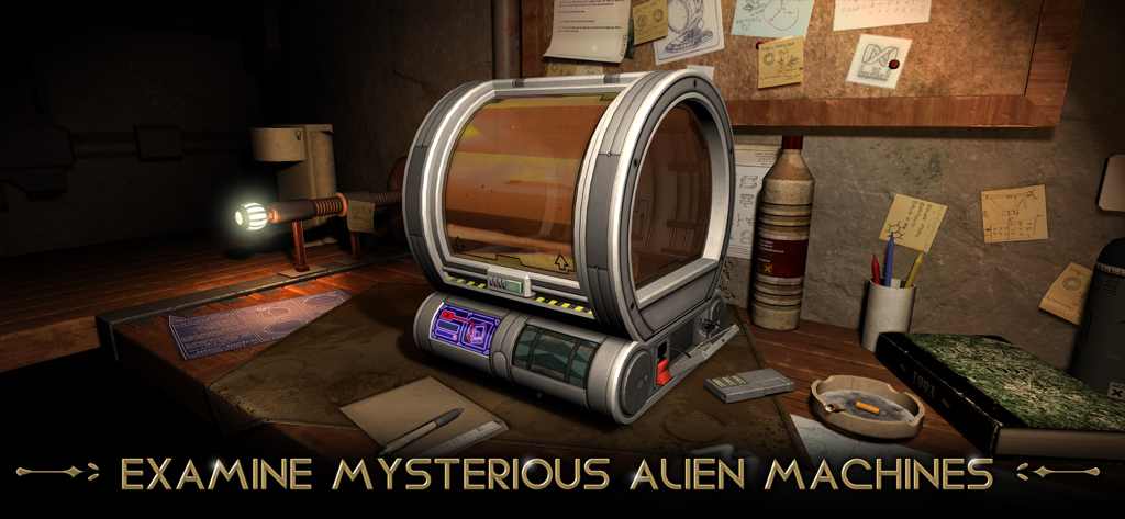 Machinika Museum - A mysterious alien machine sitting on a desk in a dark workshop for analysis