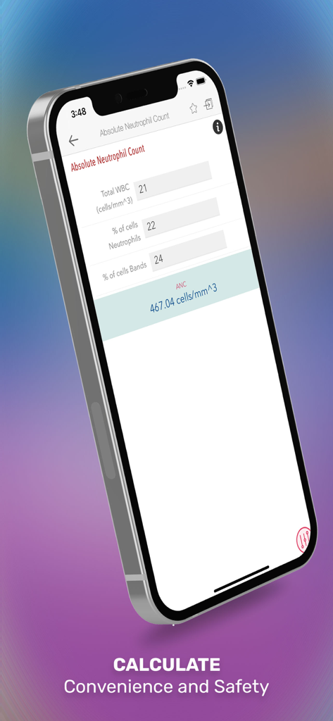 Medical Surgical Nursing Lewis - Absolute Neutrophil Count calculator interface on the Medical Surgical Nursing Lewis app